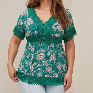 Torrid Babydoll Super Soft Lace Trim Button-Front Top, Green, Size 2